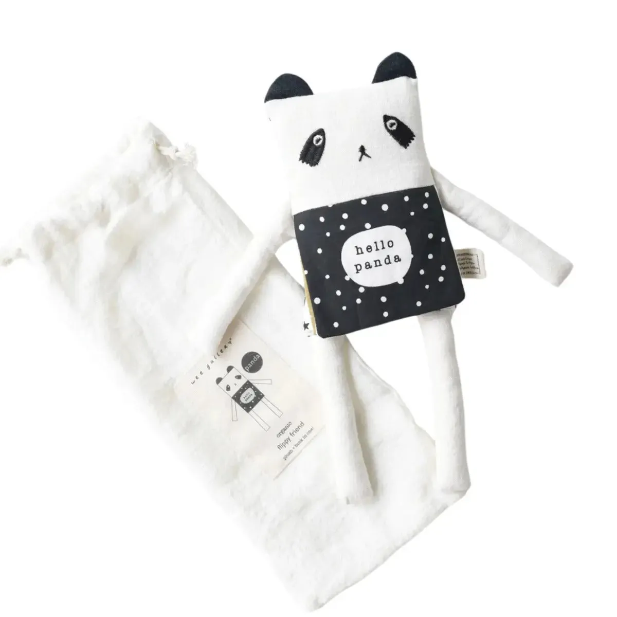 Wee Gallery Flippy Friend panda doudou livre coton bio et lin