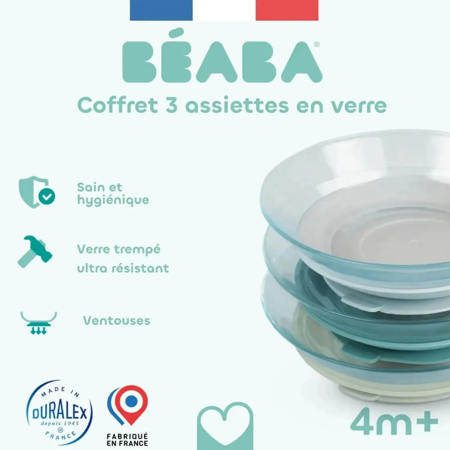 Béaba Duralex Coffret 3 assiettes verre Misty Green