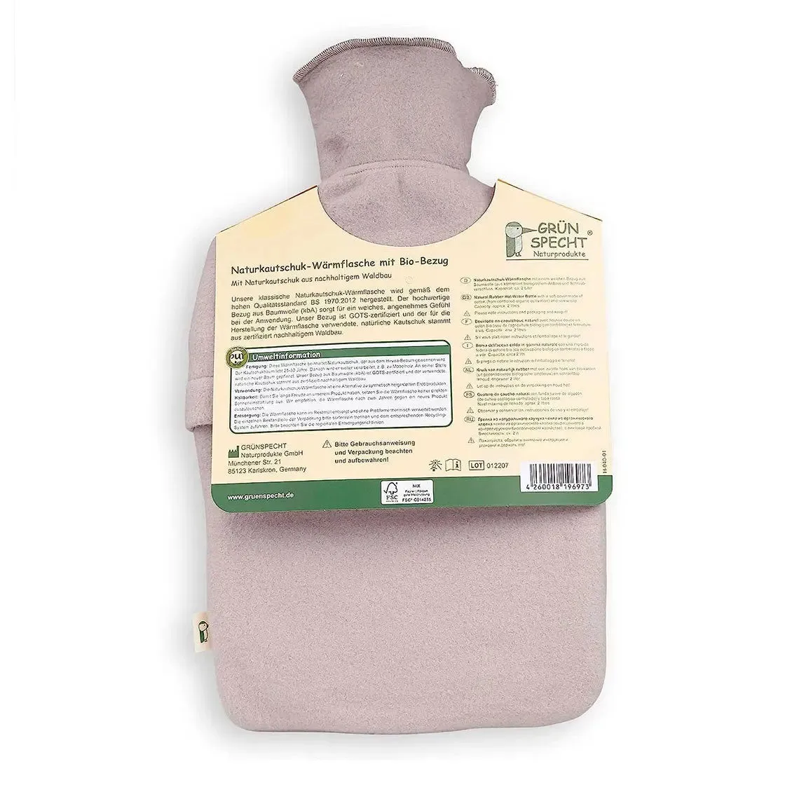 Grünspecht bouillotte latex housse coton bio 2L