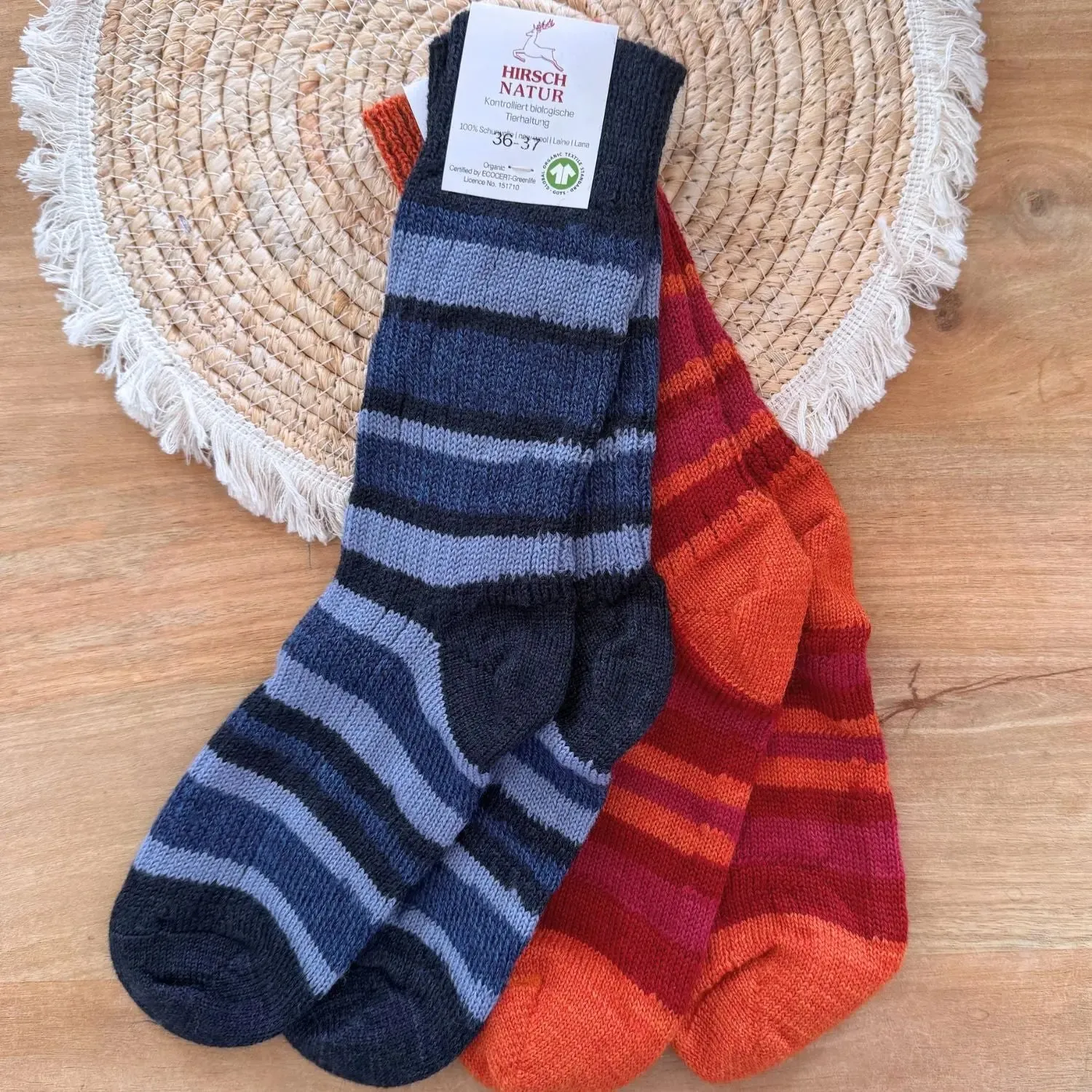 Hirsch Natur chaussettes épaisses rayées laine bio paire