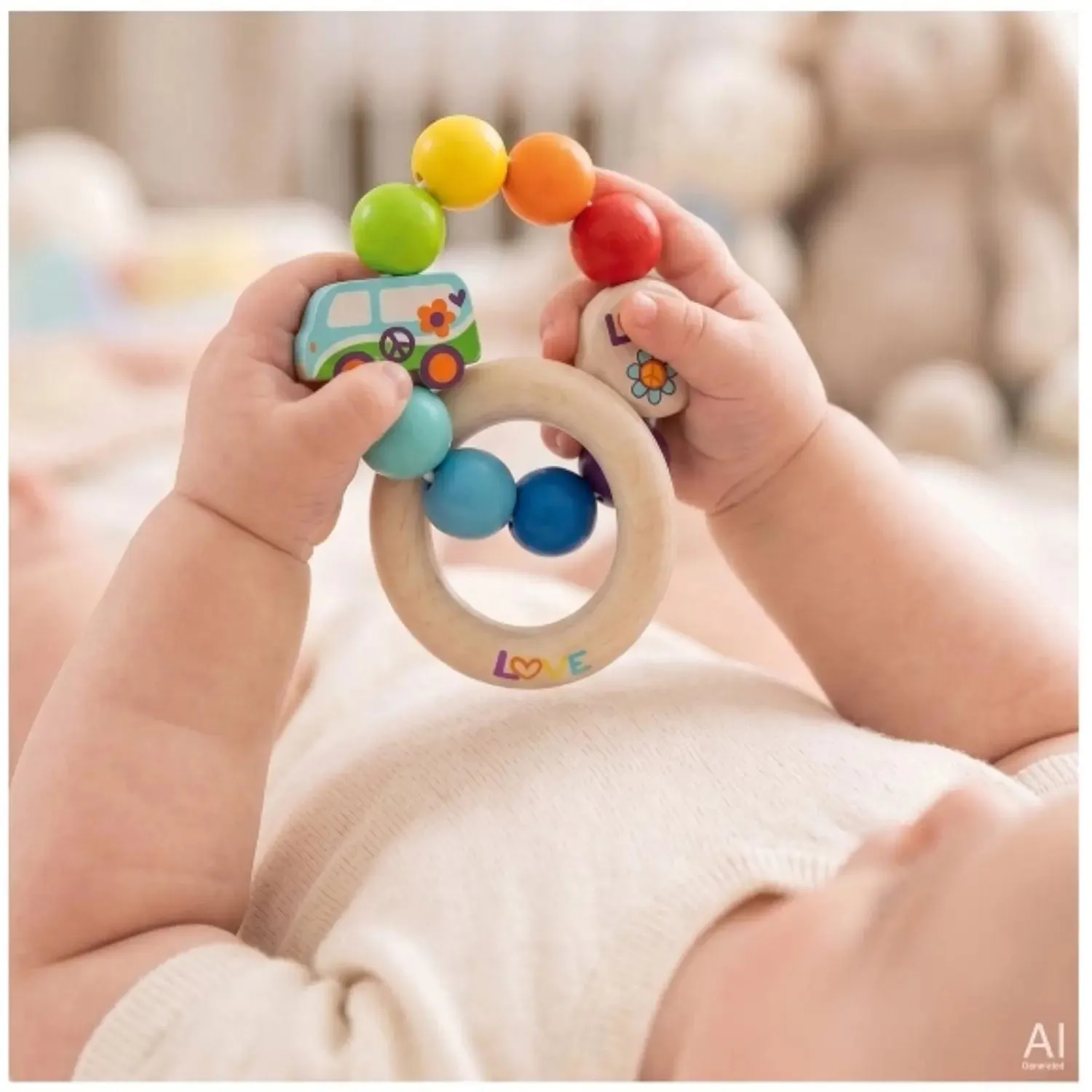 Goki Voiture Arc-en-ciel hochet bois bébé